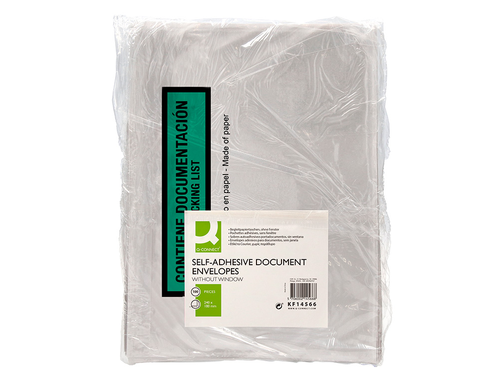 POCHETTE PORTE-DOCUMENTS Q-CONNECT 240X135MM AUTO-ADHESIVE EN PAPIER TEXTE ESPAGNOL ANGLAIS BOITE 100 UNITES