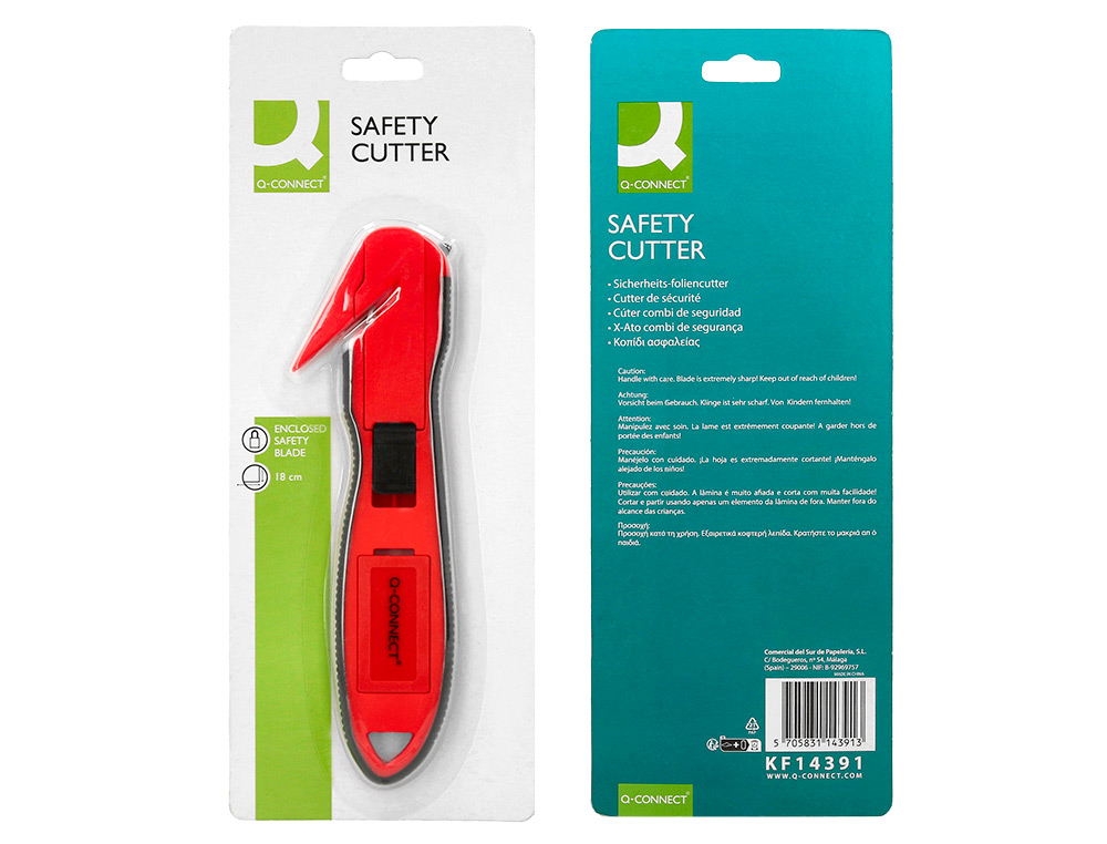 CUTTER DE SECURITE XD-G03 Q-CONNECT EN PLASTIQUE ET GOMME AVEC ERGOT EN METAL LAMEFIXE PROTEGEE