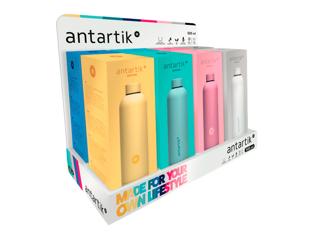 PRESENTOIR ANTARTIK BOUTEILLE ISOTHERME ACIER INOXYDABLE SANS BPA 500ML COLORIS ASSORTIS 8 UNITES
