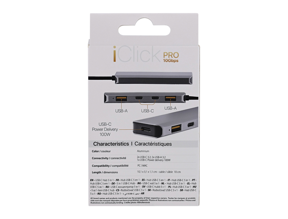 HUB T'NB ICLICK 5 EN 1 2 USB-C 2 USB-A 1 USB-C POWER   DELIVERY 100W COLORIS         ALUMINIUM