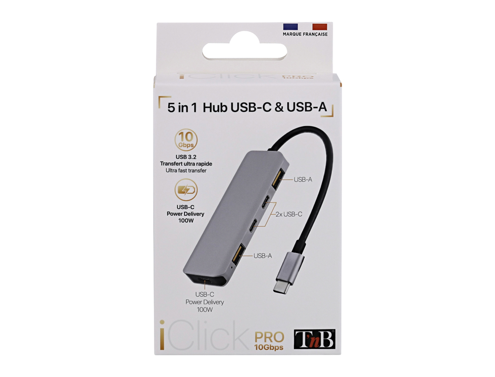 HUB T'NB ICLICK 5 EN 1 2 USB-C 2 USB-A 1 USB-C POWER   DELIVERY 100W COLORIS         ALUMINIUM