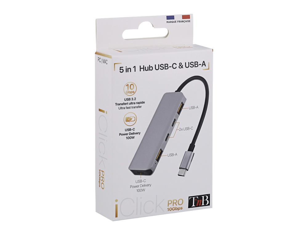 HUB T'NB ICLICK 5 EN 1 2 USB-C 2 USB-A 1 USB-C POWER   DELIVERY 100W COLORIS         ALUMINIUM