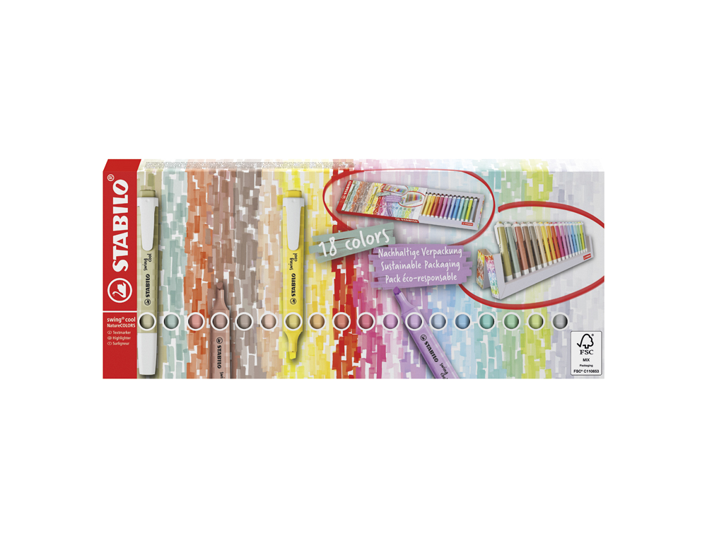 SURLIGNEUR STABILO SWING COOL NATURECOLORS POINTE BISEAUTEE LARGEUR TRACE 1/4MM COLORIS   ASSORTIS PACK CHEVALET 18 UNI