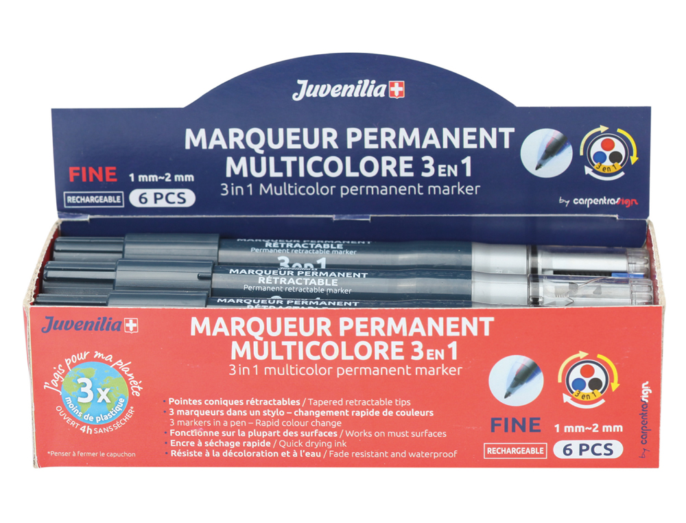 MARQUEUR JUVENILIA PERMANENT MULTICOLORE 3 EN 1            RECHARGEABLE POINTE FINE      CONIQUE RETRACTABLE