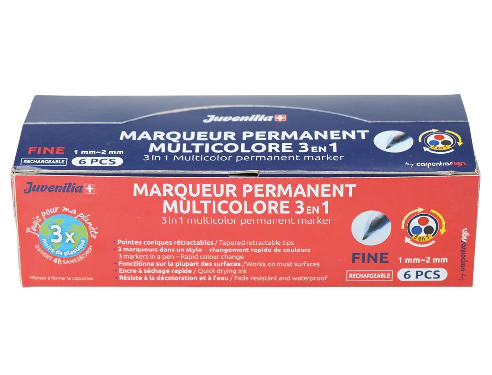 MARQUEUR JUVENILIA PERMANENT MULTICOLORE 3 EN 1            RECHARGEABLE POINTE FINE      CONIQUE RETRACTABLE