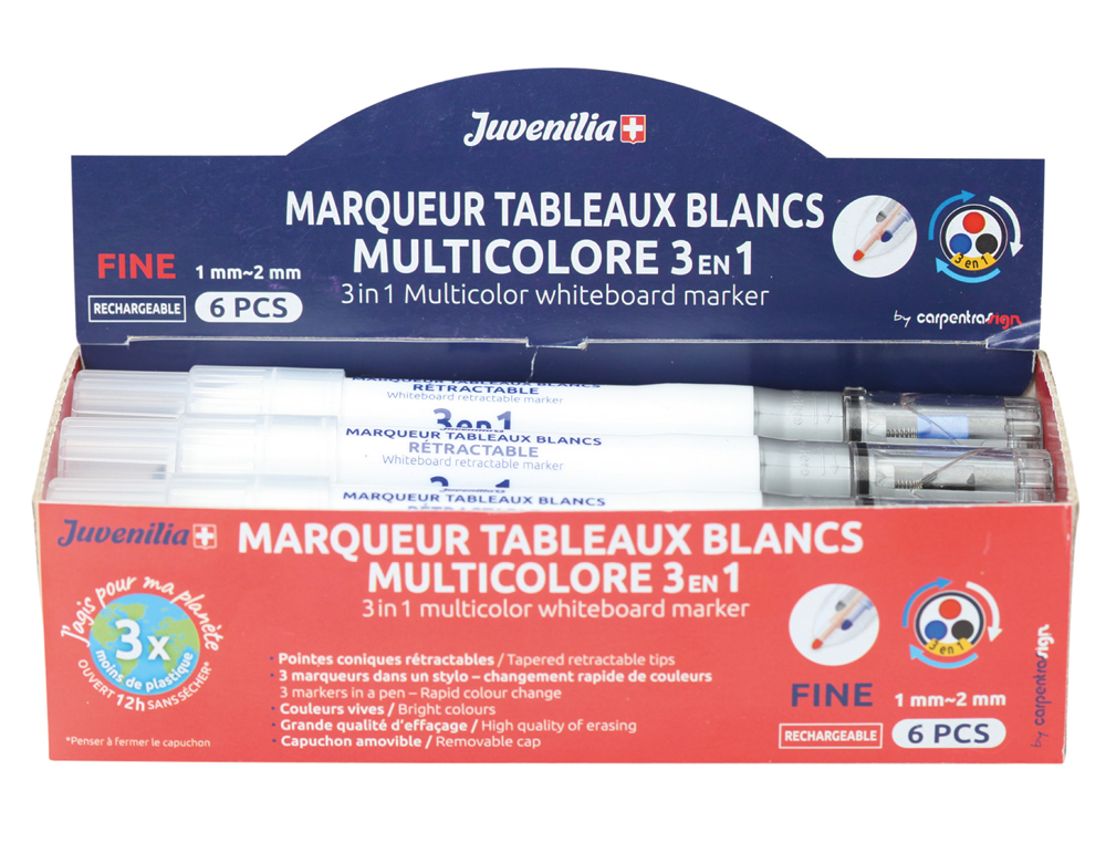 MARQUEUR JUVENILIA EFFACABLE TABLEAU BLANC MULTICOLORE 3 EN 1 RECHARGEABLE POINTE FINE CONIQUE RETRACTABLE