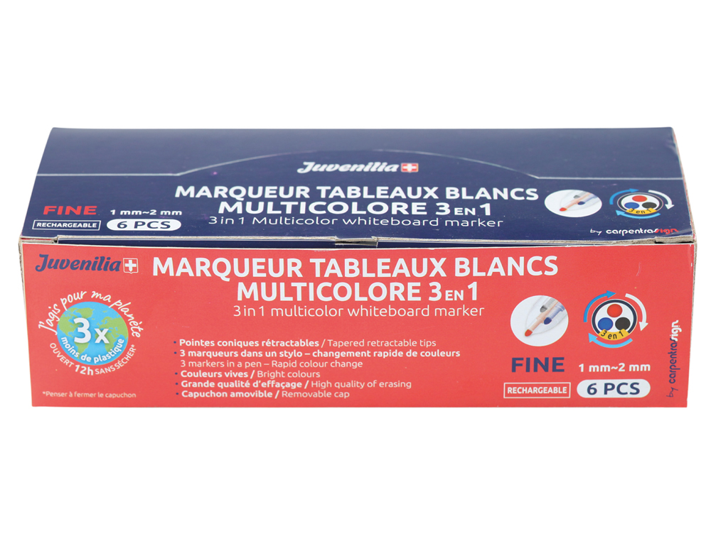 MARQUEUR JUVENILIA EFFACABLE TABLEAU BLANC MULTICOLORE 3 EN 1 RECHARGEABLE POINTE FINE CONIQUE RETRACTABLE