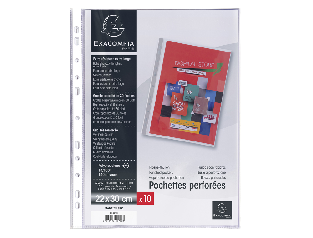 POCHETTE PERFOREE EXACOMPTA A4+ PP PREMIUM LISSE          14/100EME 140 MICRONS PAQUET  10 UNITES