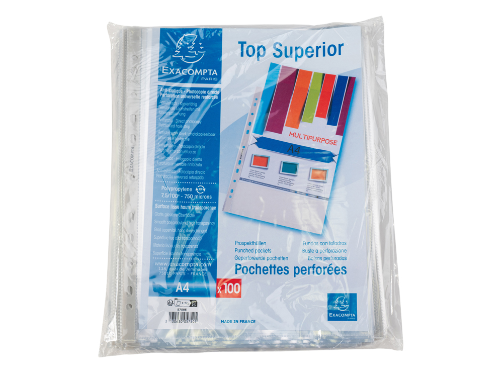 POCHETTE PERFOREE EXACOMPTA A4 PP LISSE 7/100EME 75       MICRONS PAQUET 100 UNITES
