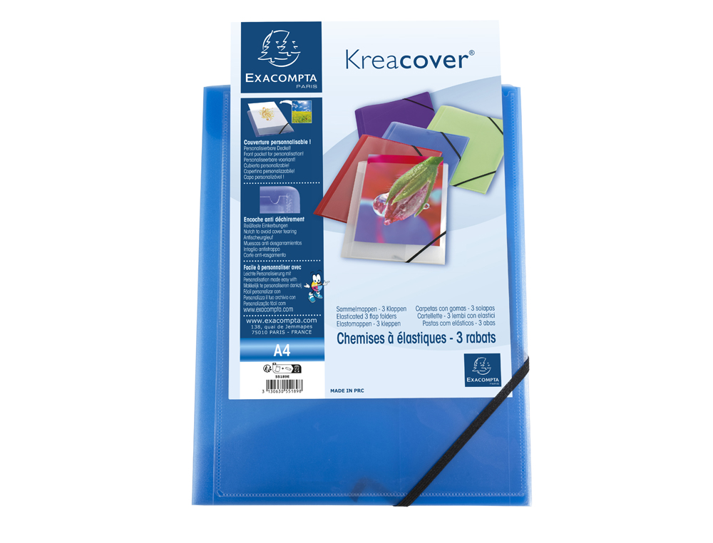 CHEMISE 3 RABATS EXACOMPTA KREA COVER A4 COUVERTURE PERSONNALISABLE PP TRANSPARENT COLORIS ASSORTIS