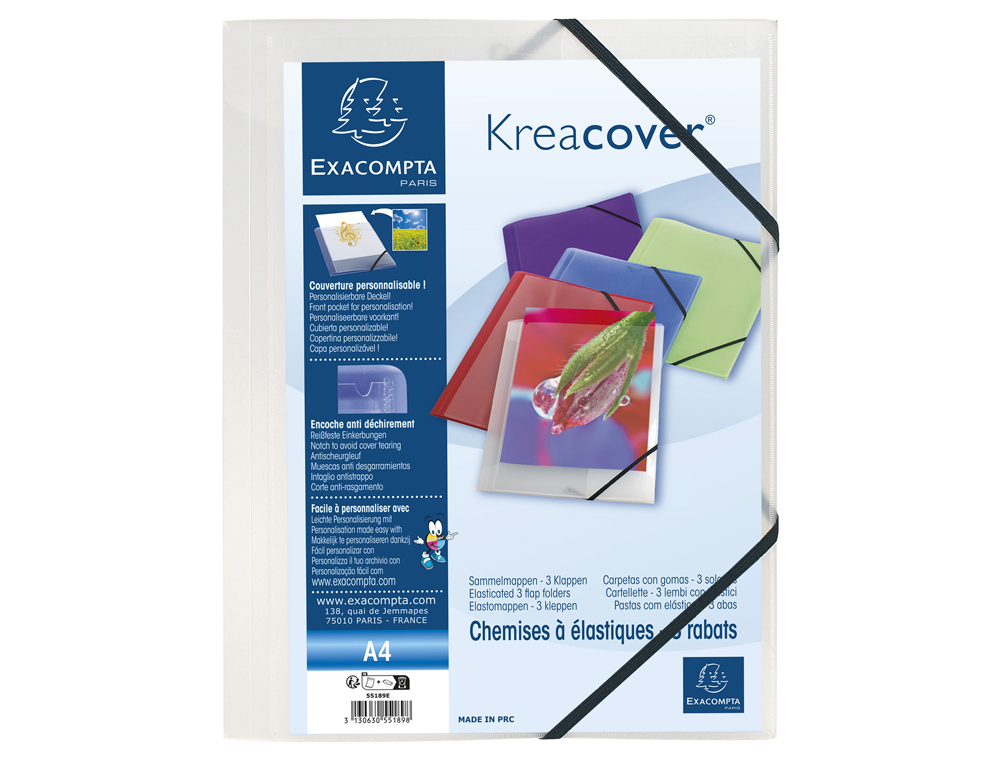 CHEMISE 3 RABATS EXACOMPTA KREA COVER A4 COUVERTURE PERSONNALISABLE PP TRANSPARENT COLORIS ASSORTIS