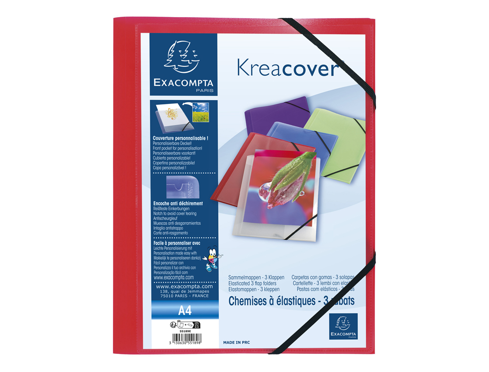 CHEMISE 3 RABATS EXACOMPTA KREA COVER A4 COUVERTURE PERSONNALISABLE PP TRANSPARENT COLORIS ASSORTIS