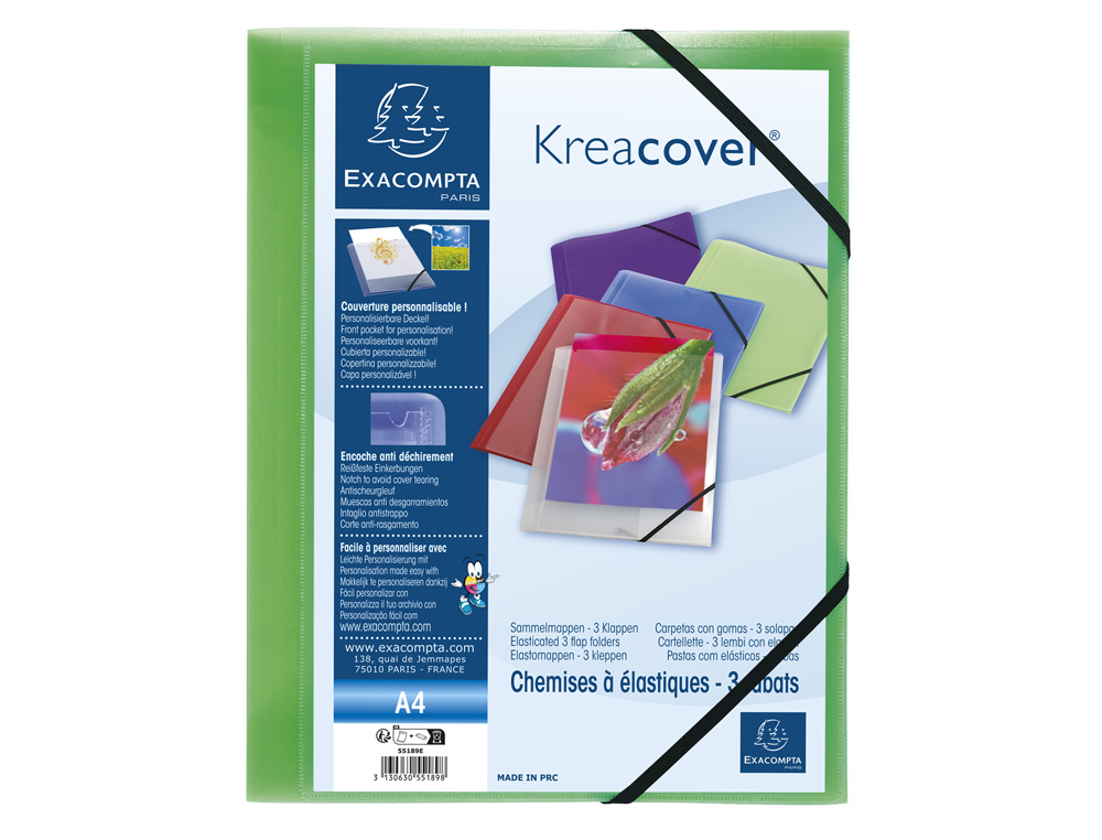 CHEMISE 3 RABATS EXACOMPTA KREA COVER A4 COUVERTURE PERSONNALISABLE PP TRANSPARENT COLORIS ASSORTIS