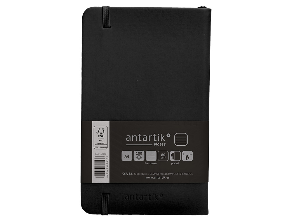 CARNET A6 ANTARTIK NOTES LIGNECOUVERTURE RIGIDE FERMETURE ELASTIQUE 100 PAGES 80GR COLORIS NOIR