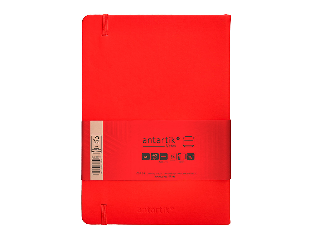 CARNET FERMETURE ELASTIQUE ANTARTIK NOTES COUVERTURE     RIGIDE A5 LIGNE 100 FEUILLES  80GR FSC COLORIS ROUGE