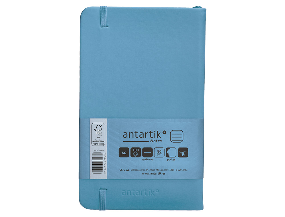CARNET FERMETURE ELASTIQUE ANTARTIK NOTES COUVERTURE     RIGIDE A6 LIGNE 100 FEUILLES  80GR FSC COLORIS BLEU CIEL