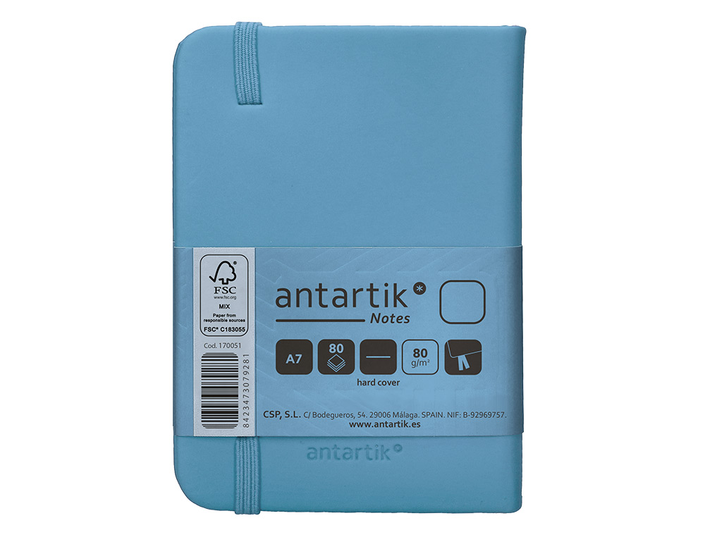 CARNET FERMETURE ELASTIQUE ANTARTIK NOTES COUVERTURE RIGIDE A7 PAPIER UNI IVOIRE 80FEUILLES 80GR FSC BLEU CIEL