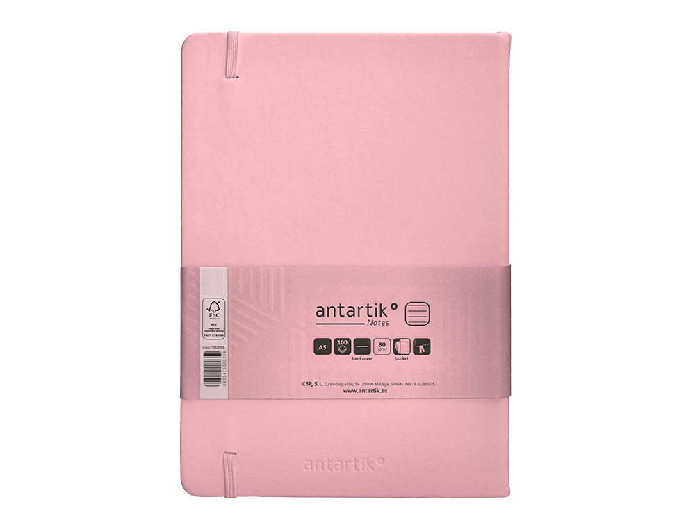 CARNET FERMETURE ELASTIQUE ANTARTIK NOTES COUVERTURE     RIGIDE A5 LIGNE 100 FEUILLES  80GR FSC COLORIS ROSE PASTEL