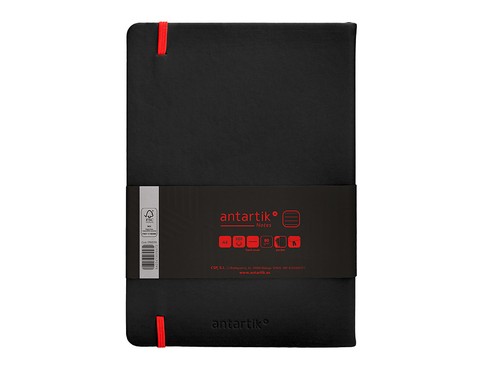 CARNET FERMETURE ELASTIQUE ROUGE ANTARTIK NOTES          COUVERTURE RIGIDE A5 LIGNE 100FEUILLES 80GR FSC COLORIS NOIR