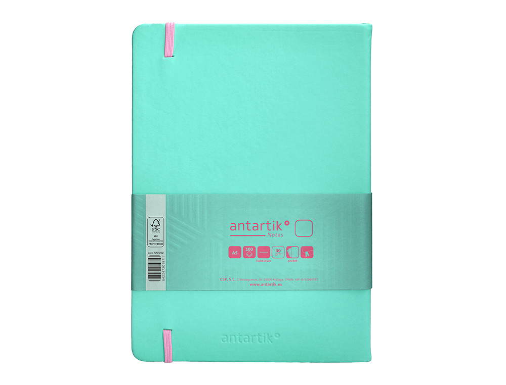 CARNET FERMETURE ELASTIQUE ROSE ANTARTIK NOTES COUVERTURE RIGIDE A5 PAPIER UNI IVOIRE 100 FEUILLES 80GR FSC TURQUOISE