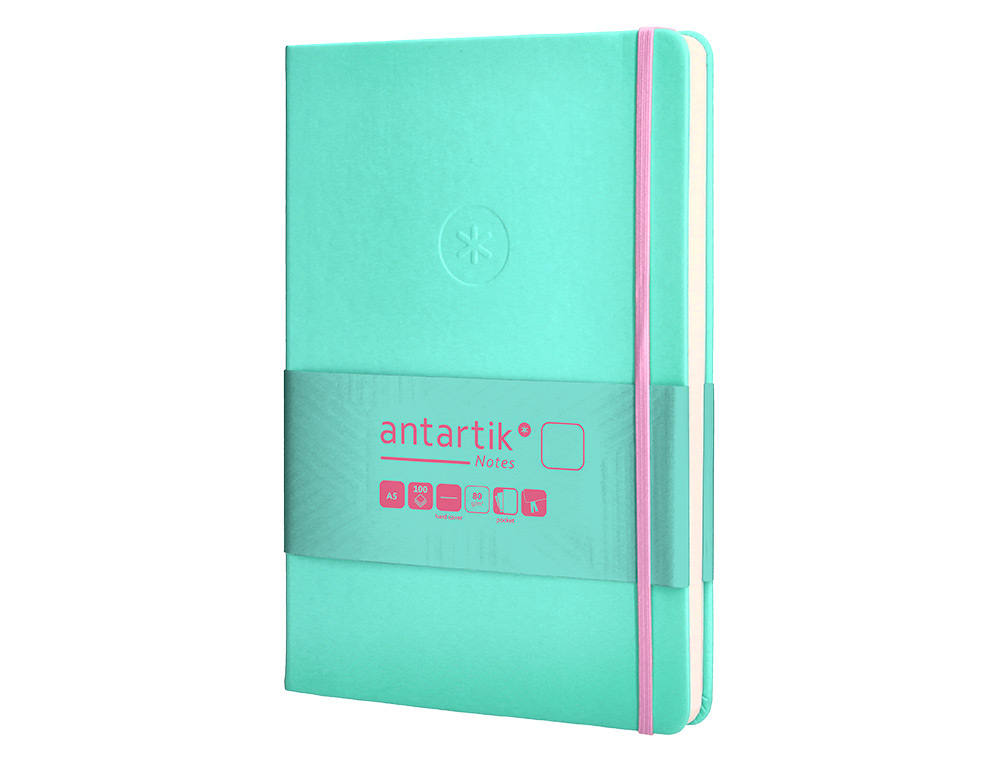 CARNET FERMETURE ELASTIQUE ROSE ANTARTIK NOTES COUVERTURE RIGIDE A5 PAPIER UNI IVOIRE 100 FEUILLES 80GR FSC TURQUOISE