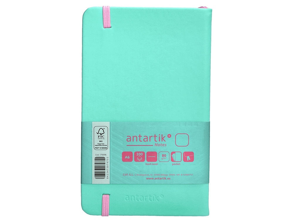 CARNET FERMETURE ELASTIQUE ROSE ANTARTIK NOTES COUVERTURE RIGIDE A6 PAPIER UNI IVOIRE 100 FEUILLES 80GR FSC TURQUOISE