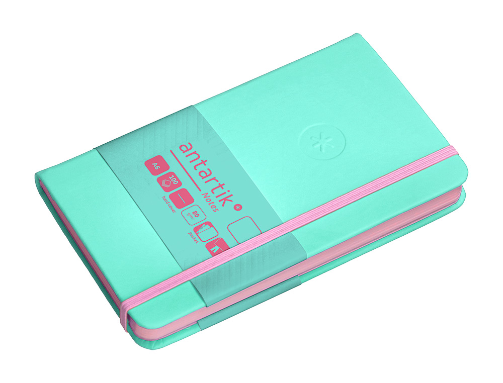 CARNET FERMETURE ELASTIQUE ROSE ANTARTIK NOTES COUVERTURE RIGIDE A6 PAPIER UNI IVOIRE 100 FEUILLES 80GR FSC TURQUOISE