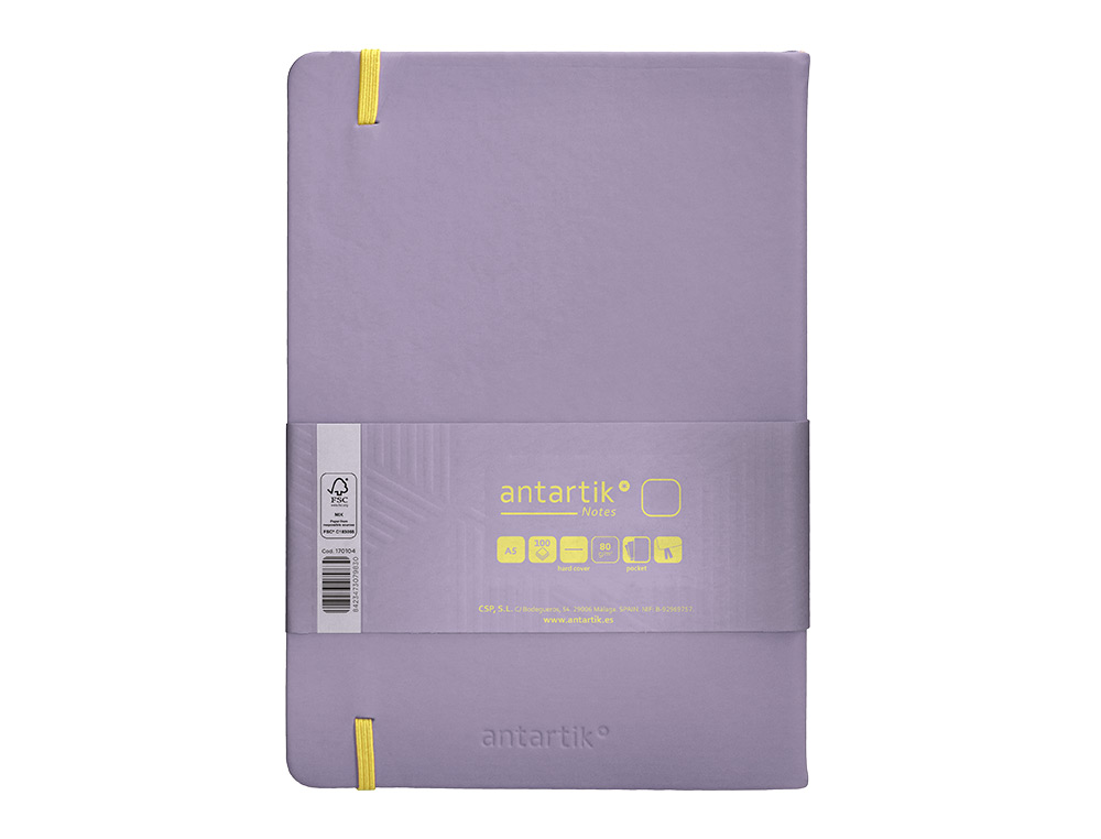 CARNET FERMETURE ELASTIQUE JAUNE ANTARTIK NOTES COUVERTURE RIGIDE A5 PAPIER UNI IVOIRE 100 FEUILLES 80GR FSC LILAS