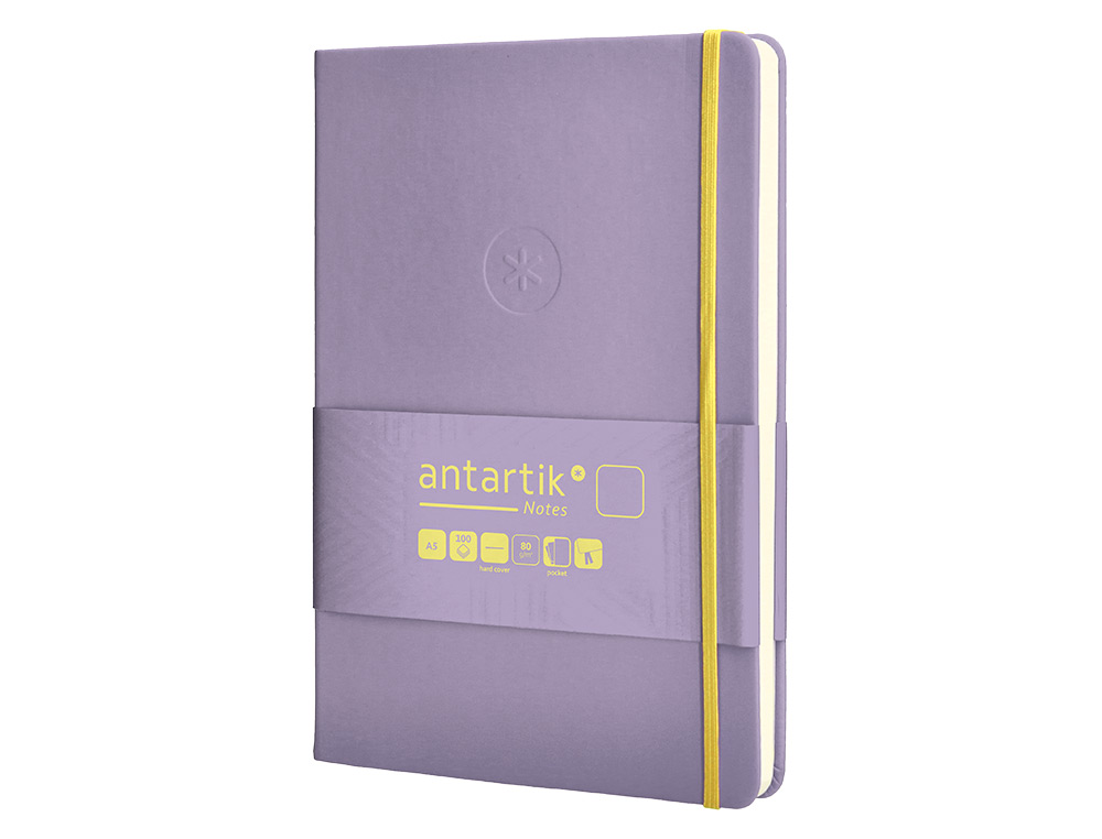 CARNET FERMETURE ELASTIQUE JAUNE ANTARTIK NOTES COUVERTURE RIGIDE A5 PAPIER UNI IVOIRE 100 FEUILLES 80GR FSC LILAS