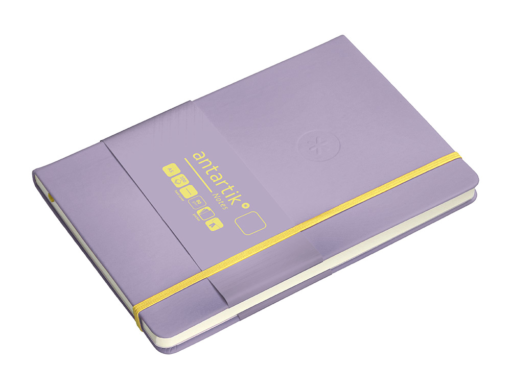 CARNET FERMETURE ELASTIQUE JAUNE ANTARTIK NOTES COUVERTURE RIGIDE A5 PAPIER UNI IVOIRE 100 FEUILLES 80GR FSC LILAS