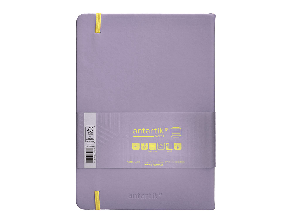 CARNET FERMETURE ELASTIQUE JAUNE ANTARTIK NOTES COUVERTURE RIGIDE A5 LIGNE 100 FEUILLES 80GR FSC COLORIS LILAS