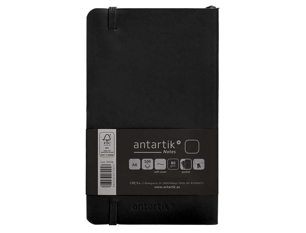 CARNET A6 ANTARTIK NOTES PAPIER UNI IVOIRE COUVERTURE SOUPLE FERMETURE ELASTIQUE 100PAGES 80GR COLORIS NOIR