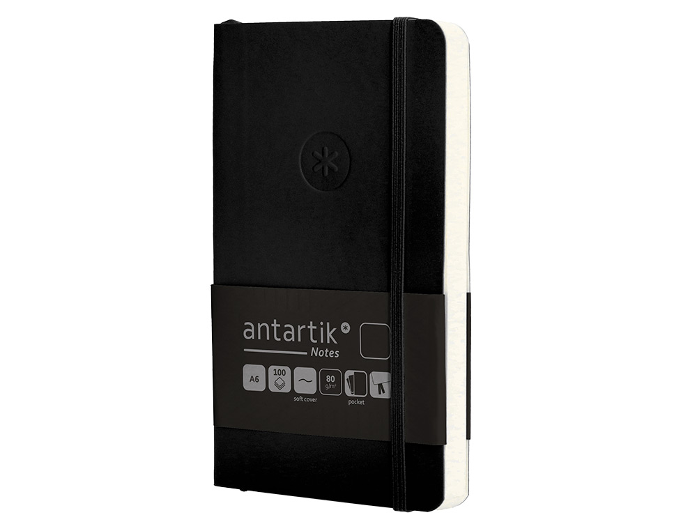 CARNET A6 ANTARTIK NOTES PAPIER UNI IVOIRE COUVERTURE SOUPLE FERMETURE ELASTIQUE 100PAGES 80GR COLORIS NOIR