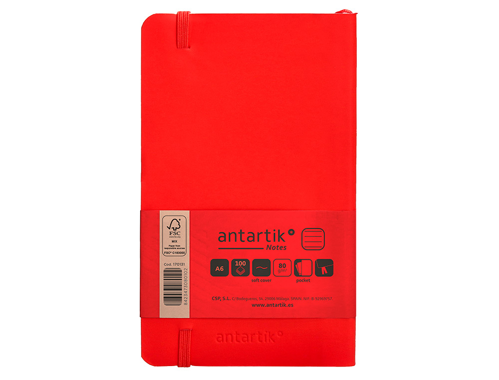 CARNET FERMETURE ELASTIQUE ANTARTIK NOTES COUVERTURE     SOUPLE A6 LIGNE 100 FEUILLES  80GR FSC COLORIS ROUGE