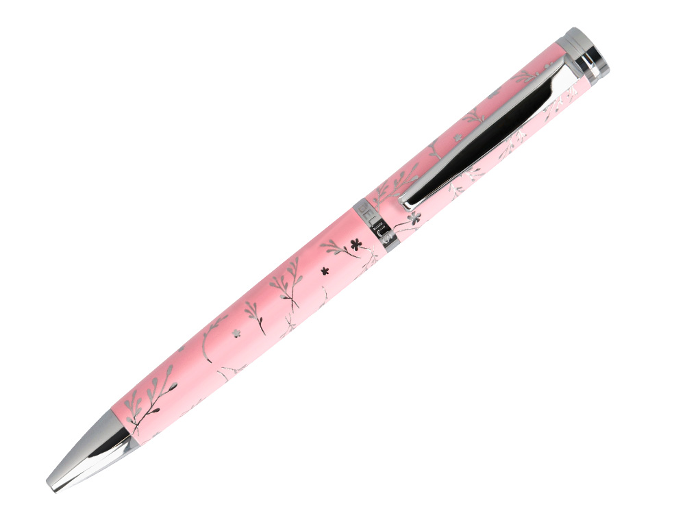 STYLO-BILLE BELIUS BELLA ALUMINIUM ENCRE BLEUE COLORIS ROSE DESIGN RELIEF ARGENTE         BOITE DESIGN