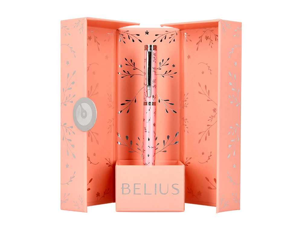 STYLO-BILLE BELIUS BELLA ALUMINIUM ENCRE BLEUE COLORIS ROSE DESIGN RELIEF ARGENTE         BOITE DESIGN