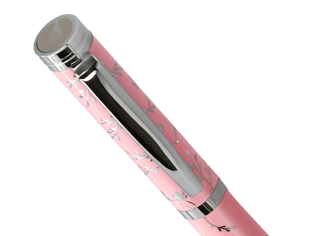 STYLO-BILLE BELIUS BELLA ALUMINIUM ENCRE BLEUE COLORIS ROSE DESIGN RELIEF ARGENTE         BOITE DESIGN