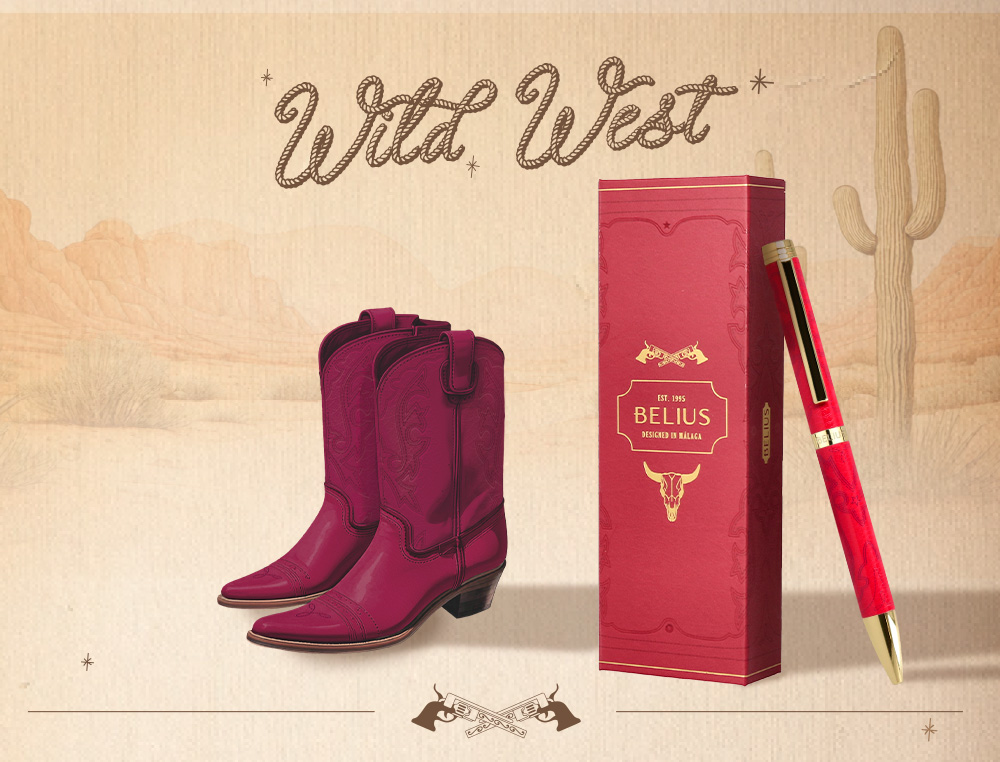 STYLO-BILLE BELIUS WILD WEST ALUMINIUM ENCRE BLEUE COLORIS BORDEAUX DORE BOITE DESIGN