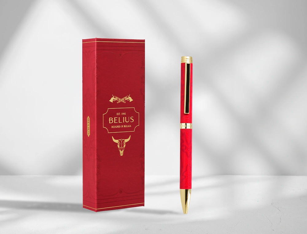 STYLO-BILLE BELIUS WILD WEST ALUMINIUM ENCRE BLEUE COLORIS BORDEAUX DORE BOITE DESIGN