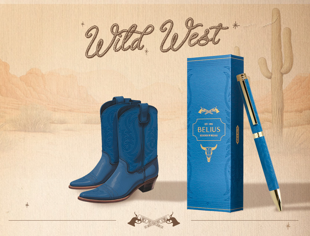 STYLO-BILLE BELIUS WILD WEST ALUMINIUM ENCRE BLEUE COLORIS BLEU MARINE DORE BOITE DESIGN