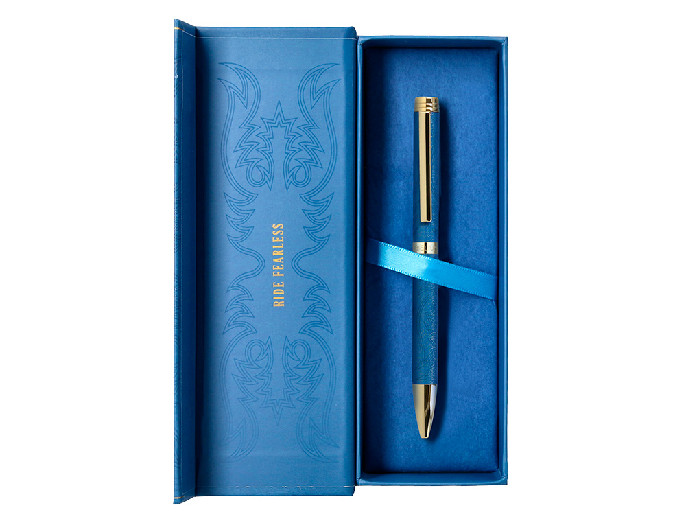STYLO-BILLE BELIUS WILD WEST ALUMINIUM ENCRE BLEUE COLORIS BLEU MARINE DORE BOITE DESIGN