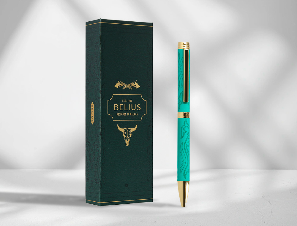 STYLO-BILLE BELIUS WILD WEST ALUMINIUM ENCRE BLEUE COLORIS VERT   DORE BOITE DESIGN