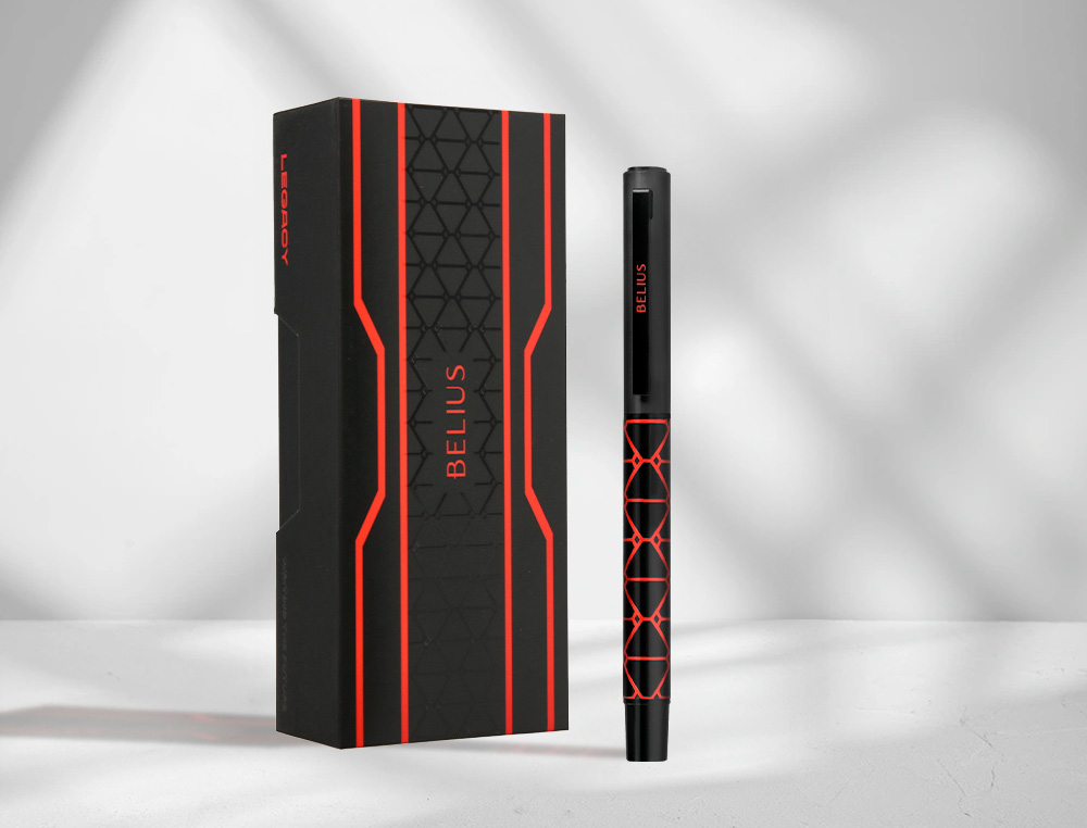 STYLO-BILLE BELIUS LEGACY ALUMINIUM ENCRE BLEUE DESIGN TRIANGLE ROUGE CORPS NOIR BOITE DESIGN