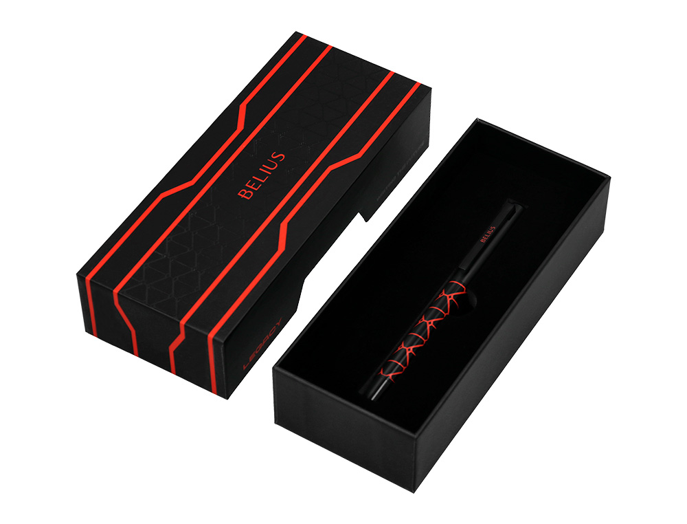 STYLO-BILLE BELIUS LEGACY ALUMINIUM ENCRE BLEUE DESIGN TRIANGLE ROUGE CORPS NOIR BOITE DESIGN