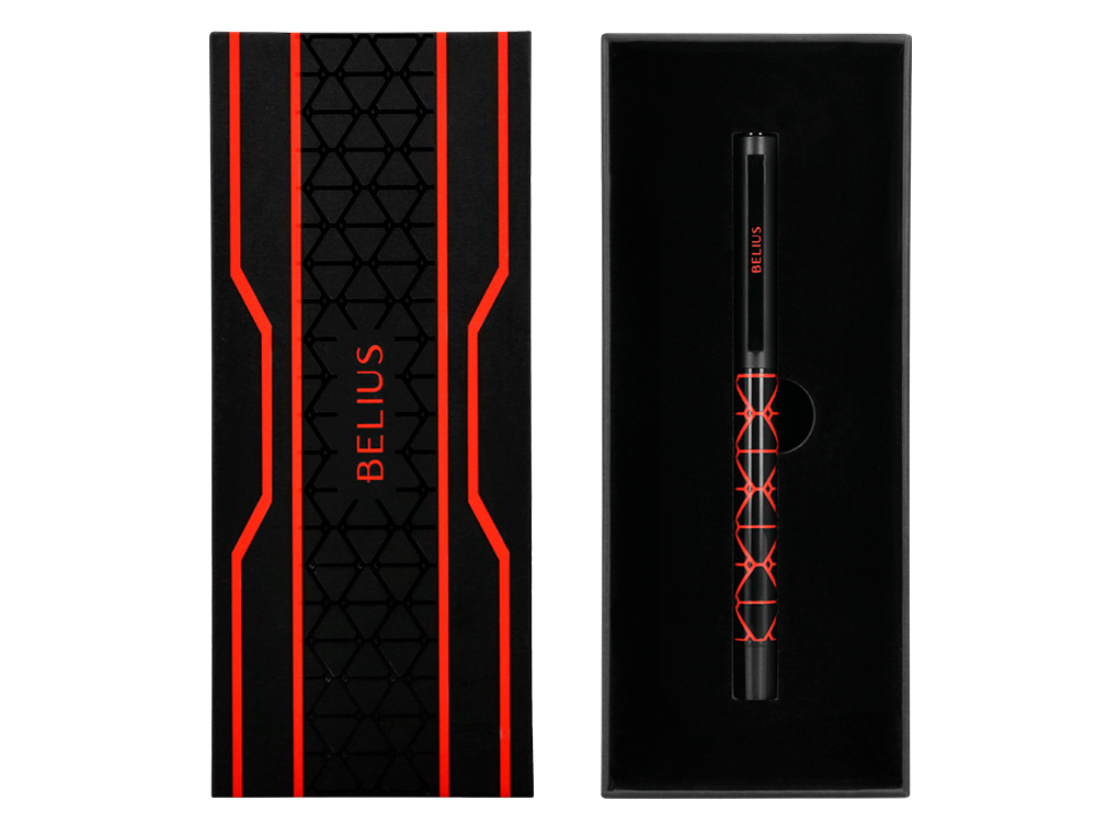 STYLO-BILLE BELIUS LEGACY ALUMINIUM ENCRE BLEUE DESIGN TRIANGLE ROUGE CORPS NOIR BOITE DESIGN