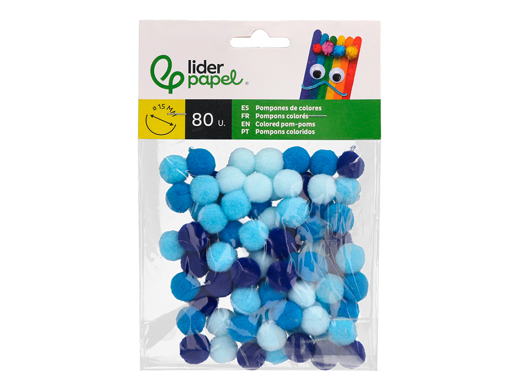 POMPONS DE COULEUR LIDERPAPEL DIAMETRE 1,5CM COLORIS NUANCES BLEU ASSORTIS SACHET 80 UNITES