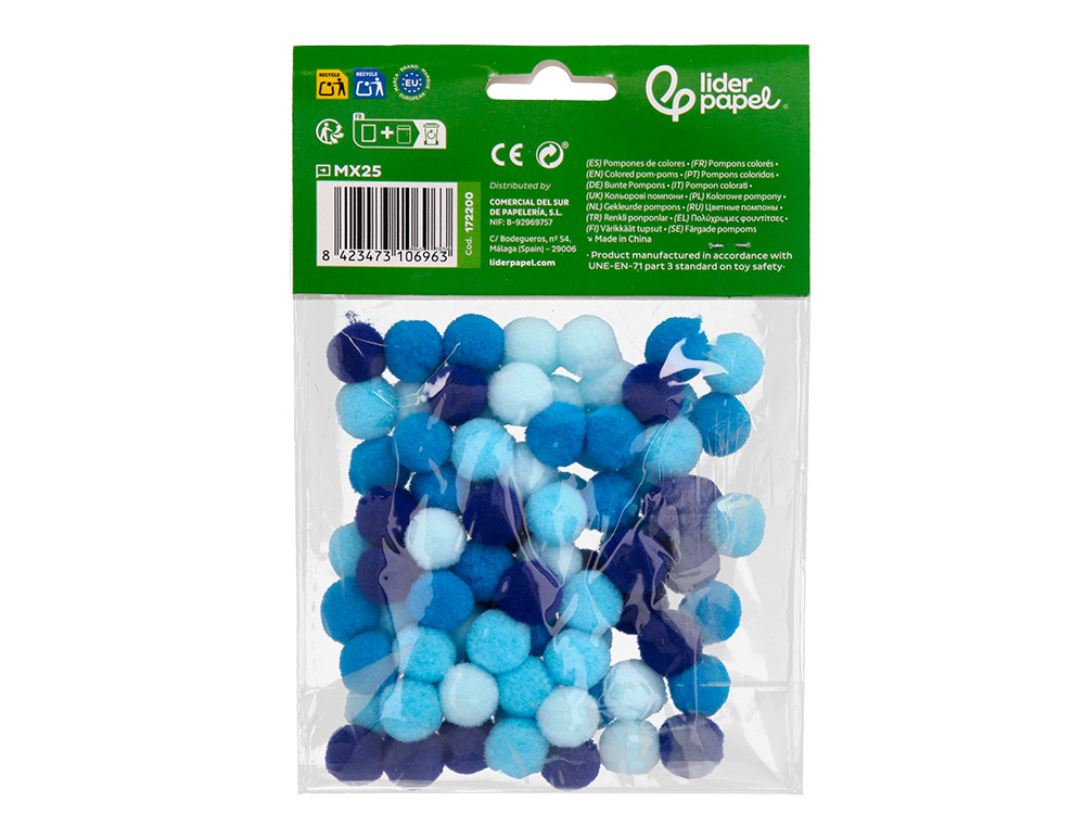 POMPONS DE COULEUR LIDERPAPEL DIAMETRE 1,5CM COLORIS NUANCES BLEU ASSORTIS SACHET 80 UNITES