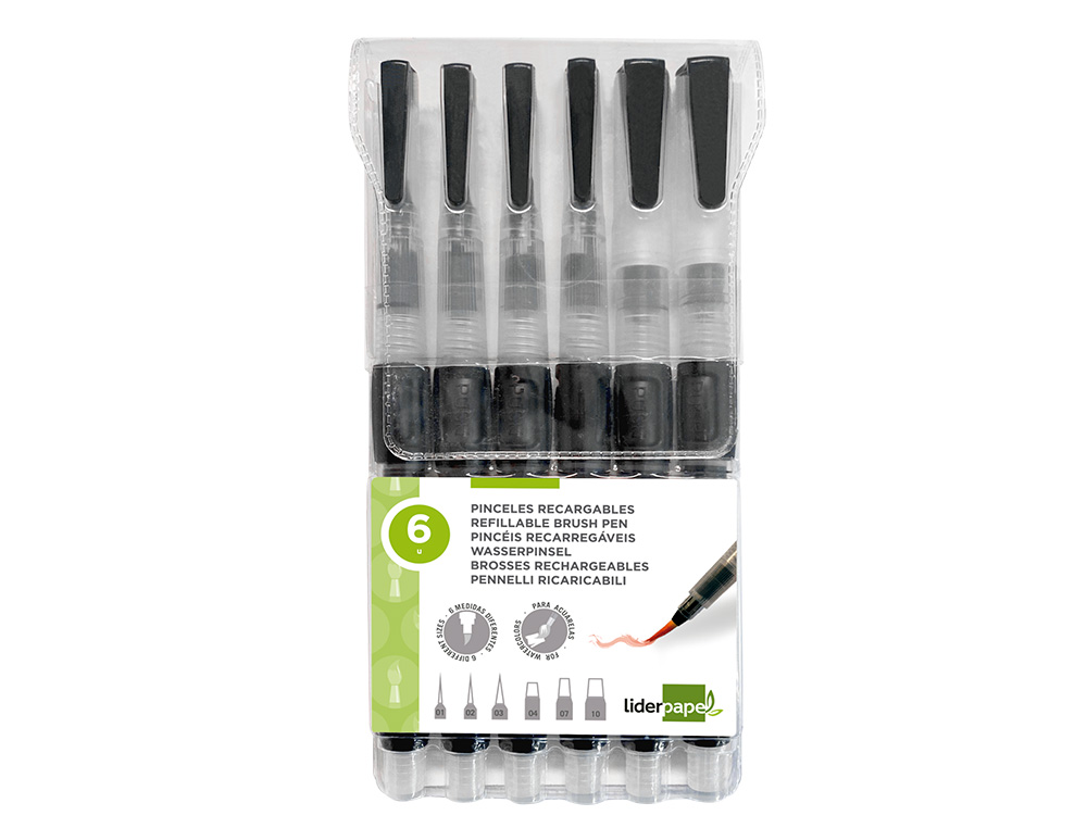 PINCEAU LIDERPAPEL RECHARGEABLE POINTES TAILLES ASSORTIES SET 6 UNITES