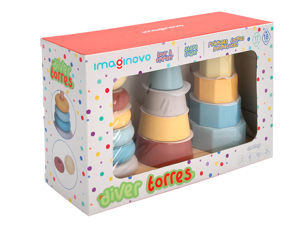 JEU ENFANT IMAGINOVO TOUR FORMES EMPILABLES BOIS +18    MOIS 17 PIECES 28X20X9 CM