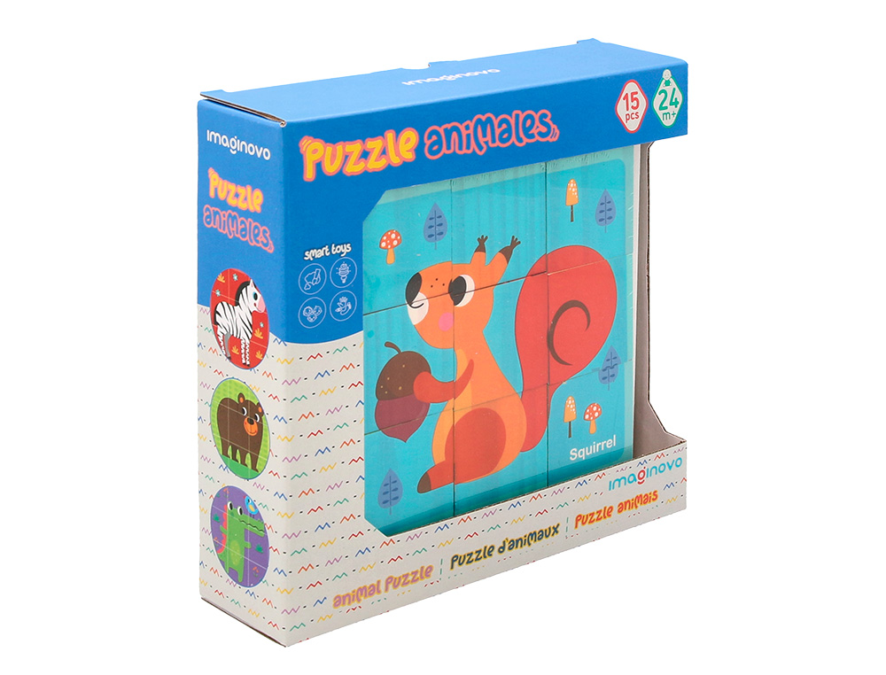 PUZZLE ENFANT IMAGINOVO CUBES D'ANIMAUX BOIS +24 MOIS 15    PIECES 12 MODELES INCLUS      22X22X6,4 CM